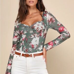 Lulus Blossoming Attitude Green Floral Mesh Bustier Long Sleeve Crop Top Small